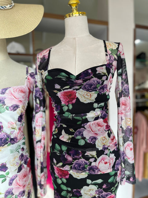 Mesh Floral Print Square Neckline Side Runched Mini Dresses